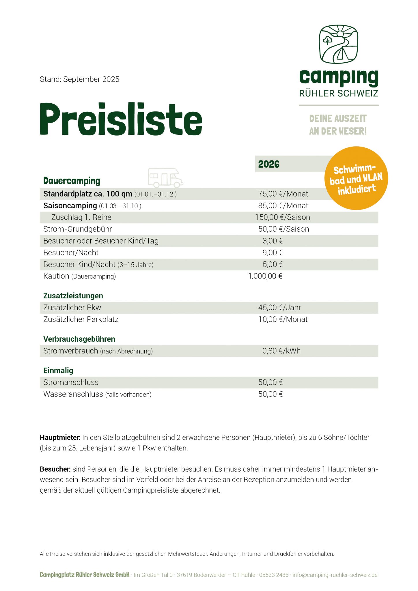 Camping Rühler Schweiz Preisliste 2026 Dauer- und Saisoncamping